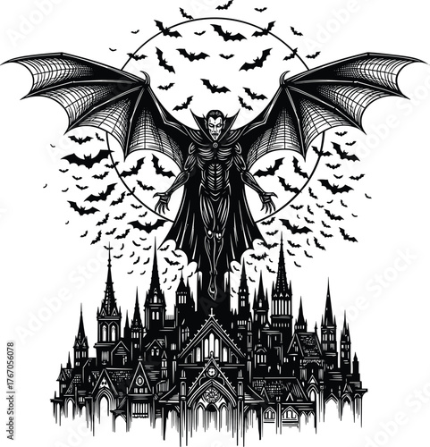 Gothic creature with outstretched wings looms over a dark silhouetted castle under a moonlit sky filled with bats