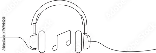 Headphones over music symbols one continuous line art, Vector illustration, One line art, Line art graphic style