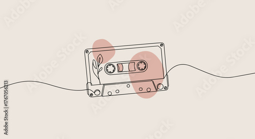 Vintage cassette tape with plant illustration on soft background  