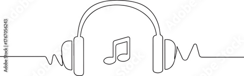 Headphones over music symbols one continuous line art, Vector illustration, One line art, Line art graphic style
