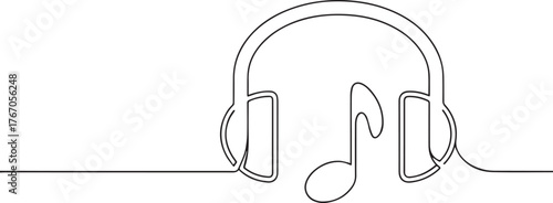 Headphones over music symbols one continuous line art, Vector illustration, One line art, Line art graphic style