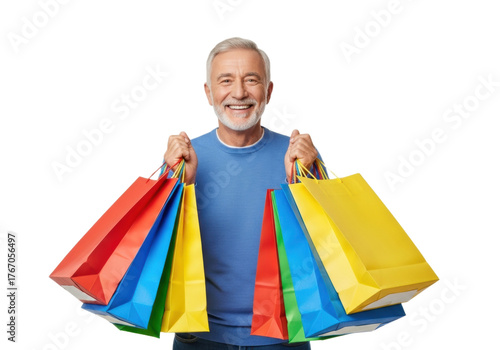 Smiling elderly man holding a lot of shopping bags, isolated on transparent background
