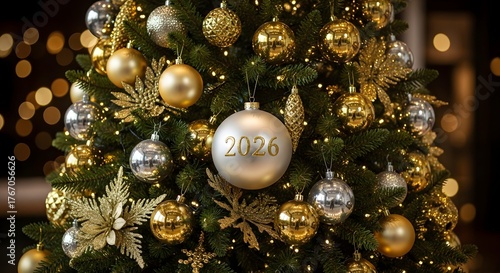 Close up of a decorated christmas tree with ornaments and lights