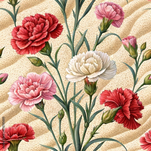 Group of colorful Carnation flowers on sand background.
