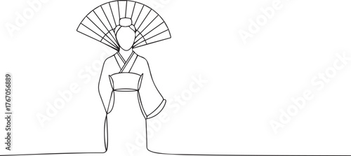 Japanese geisha one continuous line art, Vector illustration, One line art, Line art graphic style