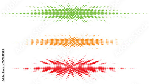 Green, orange, and red halftone explosion wave patterns for creative audio branding, music visuals, digital marketing, and dynamic web advertising