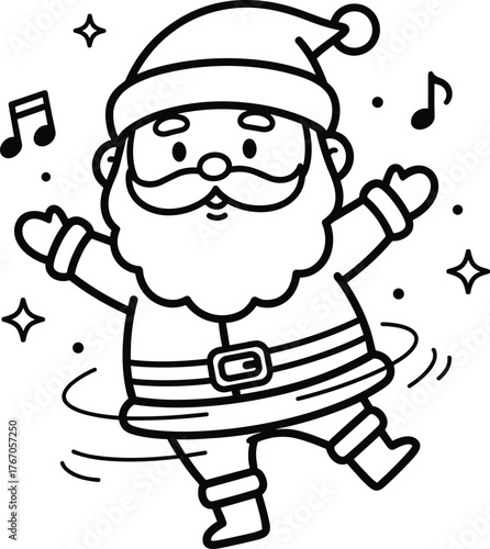 Joyful cartoon santa claus dancing merrily with musical notes and sparkles