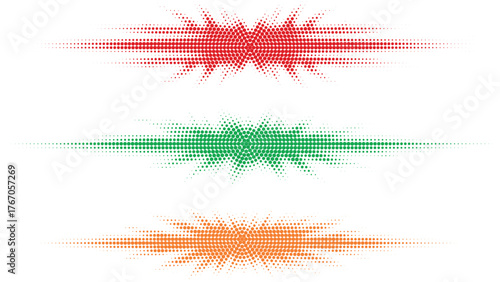 Red, green, and orange halftone explosion wave patterns, dynamic audio pulse for modern digital branding, music visuals, and creative advertising projects