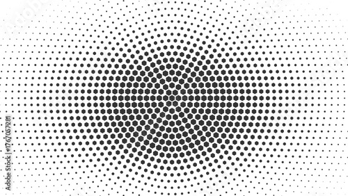 Black and white circular halftone pattern design, dynamic wave pulse effect for digital branding, music visuals, and modern advertising use
