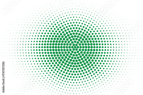 Green halftone circle pattern design with dynamic radial fade, audio wave pulse for music branding, digital media, and modern web design