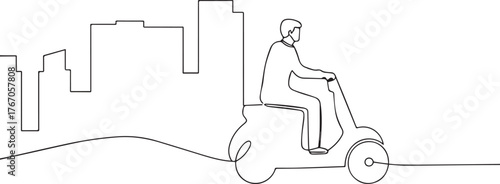 Man riding scooter one continuous line art, Vector illustration, One line art, Line art graphic style