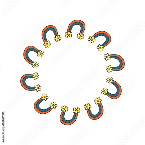 Cute round frame with doodle groovy rainbows and daisy flowers isolated on white background.