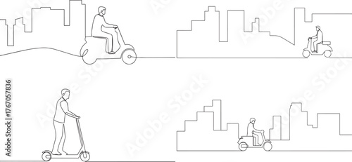 A group of Man riding scooter one continuous line art, Vector illustration, One line art, Line art graphic style
