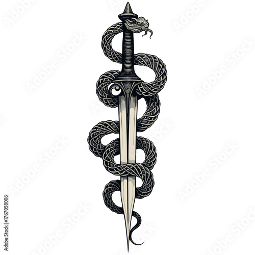 Sword with snake coiled around it in traditional tattoo style  