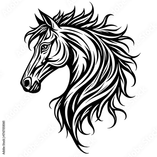 Black and white tribal horse head illustration with flowing mane  