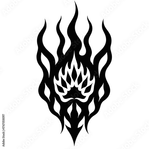 Tribal tattoo design featuring flames and sharp shapes  