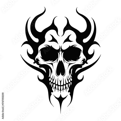 Skull tattoo design with tribal elements in black and white  