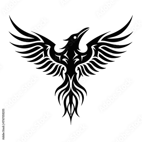 Black tribal phoenix design with wings and flames concept of tattoo  