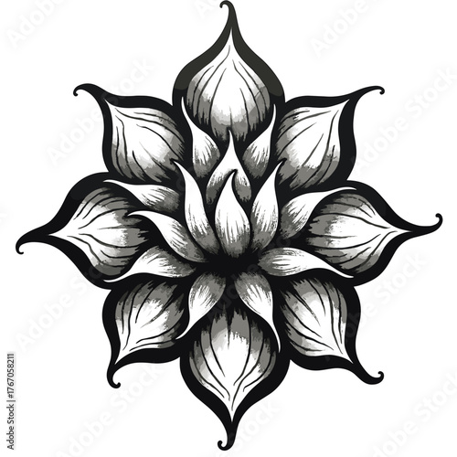 Intricate black and white tattoo design of a lotus flower concept  