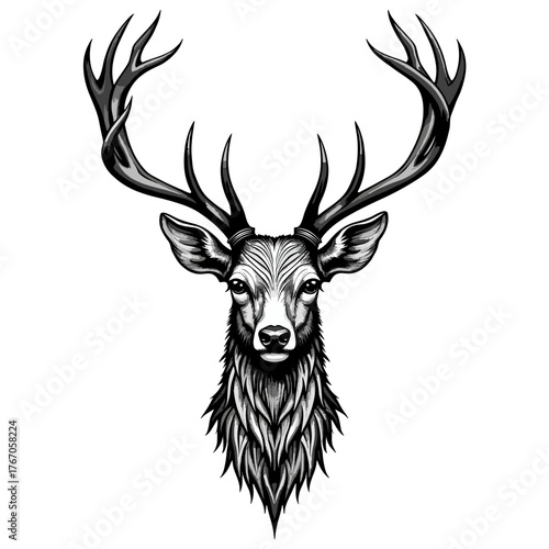 Detailed illustration of a majestic deer head with antlers  