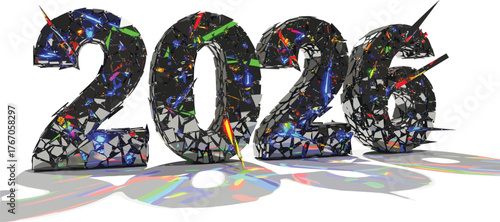 Futuristic 2026 typography with glowing shards, fragmented black digits, vibrant reflections and abstract 3D style for creative year visuals
