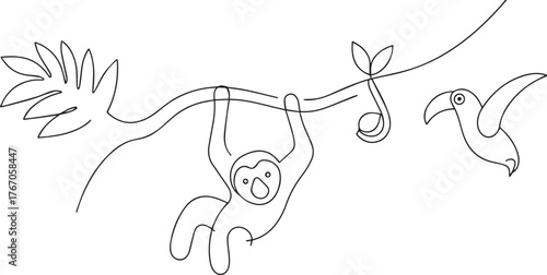 Monkey hanging one continuous line art, Vector illustration, One line art, Line art graphic style