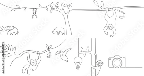 A group of Monkey hanging one continuous line art, Vector illustration, One line art, Line art graphic style