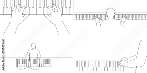 A group of musician playing piano one continuous line art, Vector illustration, One line art, Line art graphic style