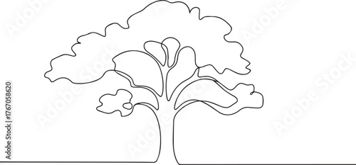 Oak tree with branch one continuous line art, Vector illustration, One line art, Line art graphic style