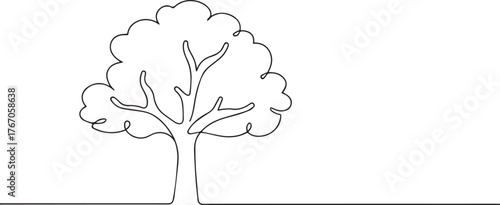 Oak tree with branch one continuous line art, Vector illustration, One line art, Line art graphic style