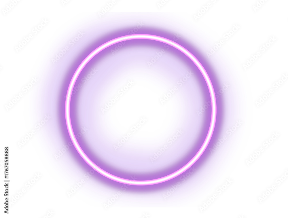 Fototapeta premium Glowing purple neon circle frame on transparent background. PNG file. Banner design. Retrowave, synthwave, vaporwave illustration. Party and sales concept.