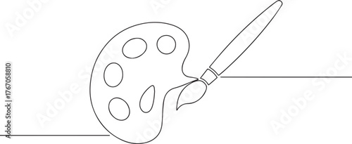 Paintbrush with pallet one continuous line art, Vector illustration, One line art, Line art graphic style