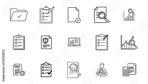 Collection of hand drawn business icons representing data analysis planning and strategy development