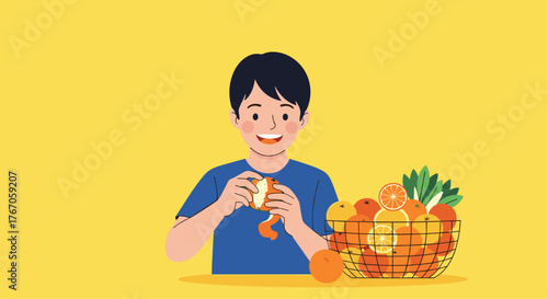 Young boy peeling an orange with a basket full of citrus fruits on yellow background.