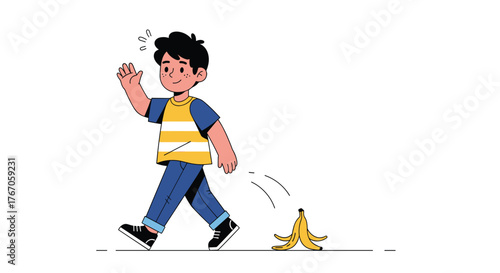 A young boy wearing a striped shirt and jeans waves as he walks past a banana peel on the ground.