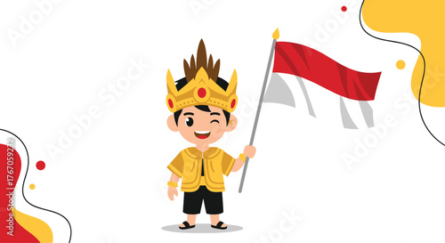 Cute cartoon boy in traditional Indonesian attire holding the Indonesian flag.