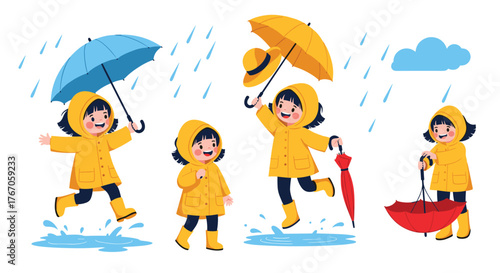 Children in yellow raincoats with umbrellas playing in the rain with puddles.