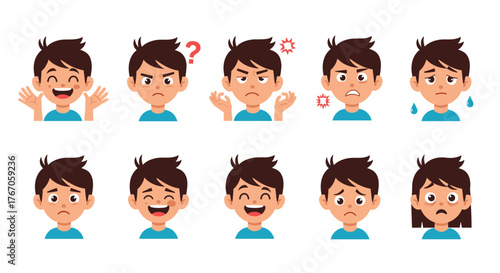 Collection of cartoon boy faces showing various emotions like happiness, anger, sadness, and confusion.