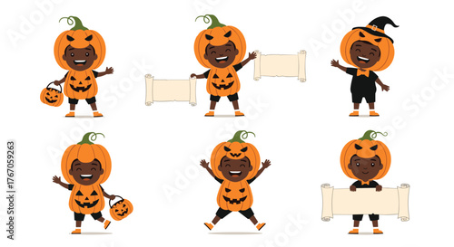 Six happy kids in pumpkin costumes celebrating Halloween with trick or treat bags and banners.