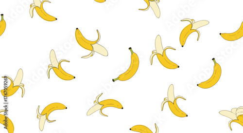 Seamless pattern of hand-drawn yellow bananas with some peeled and some whole on a white background.