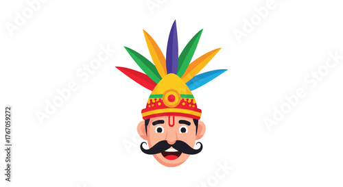 Illustration of a man with a colorful feathered headdress and a mustache observing a sunset.