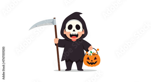 Cute cartoon child in a grim reaper costume holds a scythe and a pumpkin trick-or-treat bag.