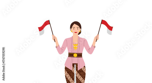 Woman in traditional Indonesian attire waves red and white flags with pride.