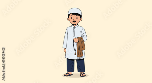 A young boy in traditional Islamic attire, wearing a white kufi and a long white tunic, holding prayer beads and a scarf.