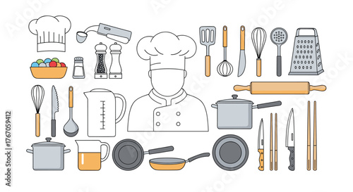 A collection of kitchen utensils and chef equipment illustrated in a flat, cartoonish style.