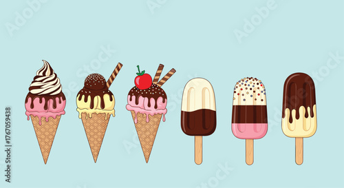 A collection of delicious ice cream cones and popsicles with various toppings and flavors.