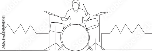 Person playing drum one continuous line art, Vector illustration, One line art, Line art graphic style