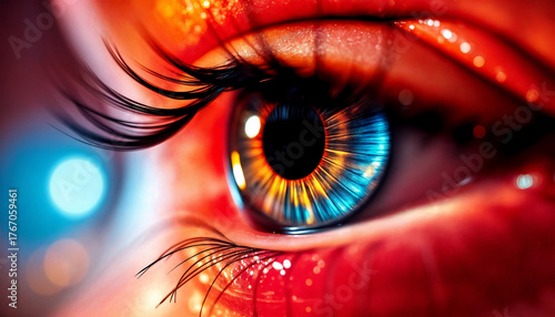 Close-up of the eye. A bright image of an eye with a visual glitter effect