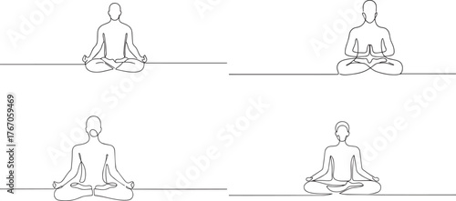 A group of Person meditating one continuous line art, Vector illustration, One line art, Line art graphic style