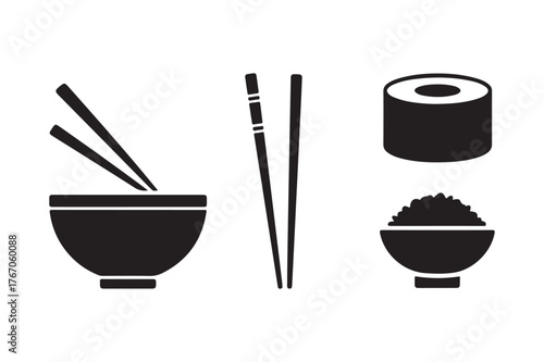 Black silhouette icons of japanese food and utensils